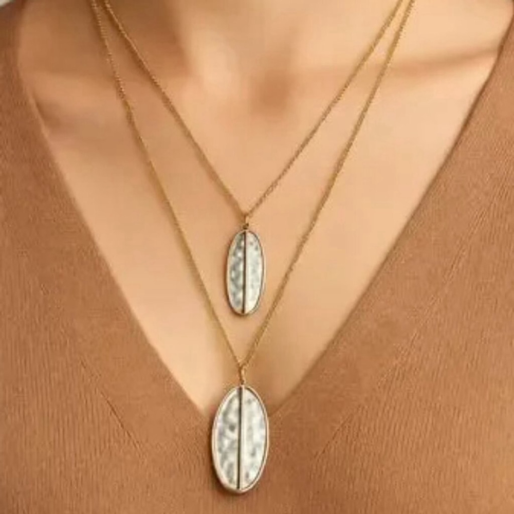 Romolo Layered Gold Necklace Silver Hammered Oval Pendants